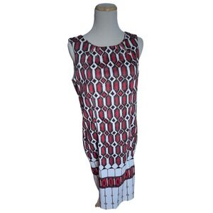 Talbots Sleeveless Geometric Print Sheath Dress Chic Career Red White Brown Sz 8